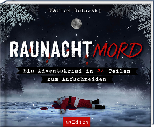 Auf dem Buchcover ist eine winterliche Szene mit schneebedeckten Tannenbäumen und einem dunklen Nachthimmel zu sehen, durchbrochen von einem großen, hellen Vollmond. Eine leblos daliegende Weihnachtsmannfigur in rot und weiß liegt auf dem Schnee, umgeben von roten Blutflecken. Der Titel „RAUNACHTMORD“ ist in kraftvollen, kontrastierenden Farben gestaltet, wobei „MORD“ auffällig rot hervorgehoben ist. Neben dem Titel steht der Untertitel „Ein Adventskrimi in 24 Teilen zum...