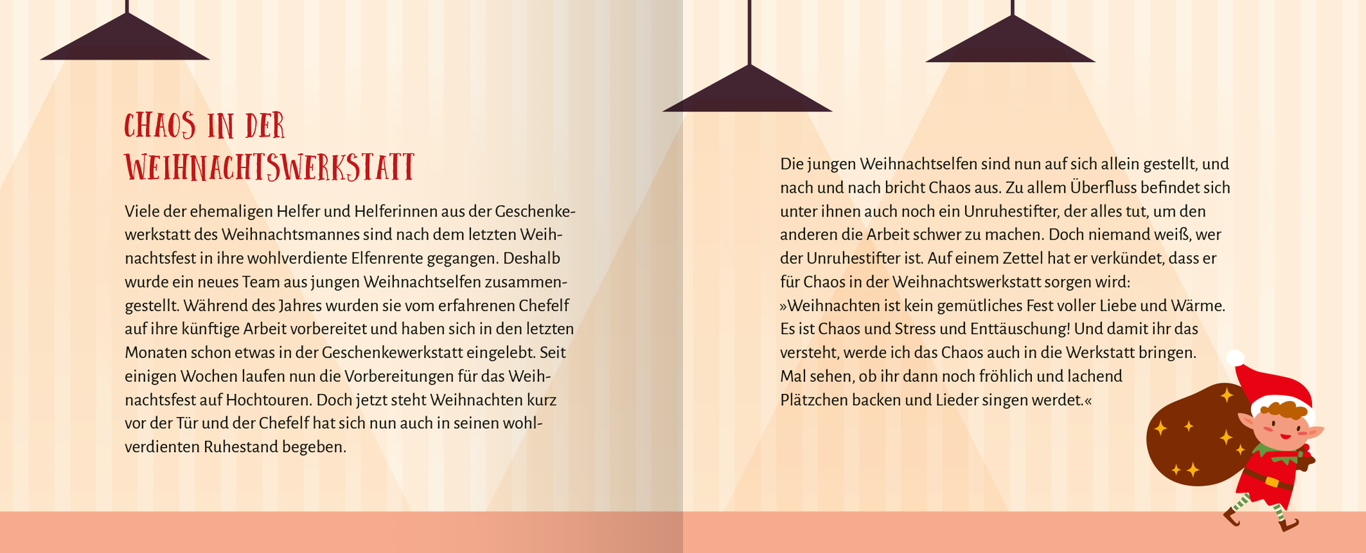 Gezeigt wird eine Innen- oder Zusatzansicht von „Escape Room Adventskalender. Weihnachtliche Knobelchallenge“. Die Seite präsentiert einen hellen Hintergrund mit grauen Streifen, auf dem in großer, roter Schrift „CHAOS IN DER WEIHNACHTSWERKSTATT“ steht. Dazu gibt es farbenfrohe Illustrationen junger Weihnachts(el)fen, die in einer Werkstatt agieren, umgeben von Weihnachtsmotiven. Der Text ist gut lesbar und in einer klaren, modernen Schriftart gehalten. Die auflockernden Elemente...