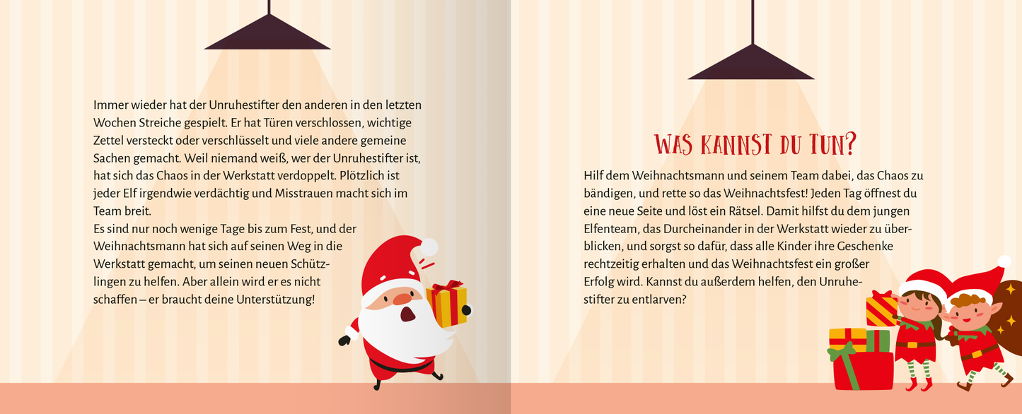 Gezeigt wird eine Innen- oder Zusatzansicht von „Escape Room Adventskalender. Weihnachtliche Knobelchallenge“. Die Darstellung zeigt eine harmonische zweiseitige Layout-Gestaltung mit einem hellen, gestreiften Hintergrund. Links ist eine bunte, cartoonhafte Illustration eines fröhlichen Weihnachtsmanns mit einem Geschenk, während rechts der Text in einer verspielten, gut lesbaren Schriftart steht. Rot und grün dominieren die Farbpalette, ergänzt durch festliche Symbole wie Geschenke und...