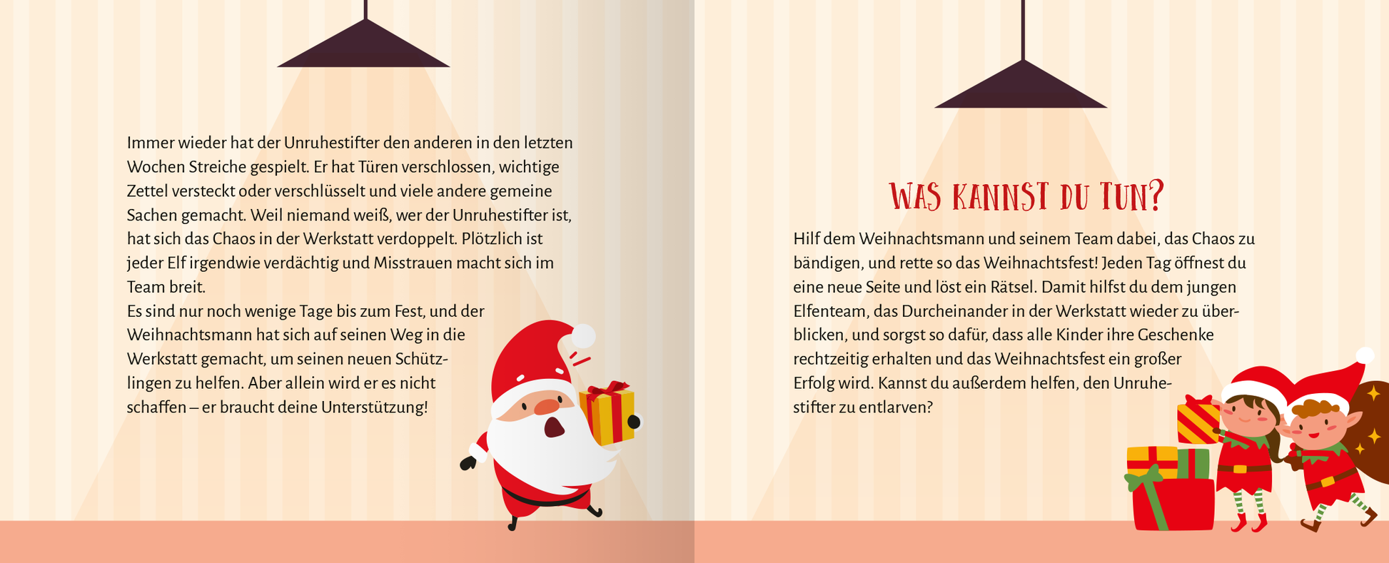 Gezeigt wird eine Innen- oder Zusatzansicht von „Escape Room Adventskalender. Weihnachtliche Knobelchallenge“. Die Darstellung zeigt eine harmonische zweiseitige Layout-Gestaltung mit einem hellen, gestreiften Hintergrund. Links ist eine bunte, cartoonhafte Illustration eines fröhlichen Weihnachtsmanns mit einem Geschenk, während rechts der Text in einer verspielten, gut lesbaren Schriftart steht. Rot und grün dominieren die Farbpalette, ergänzt durch festliche Symbole wie Geschenke und...