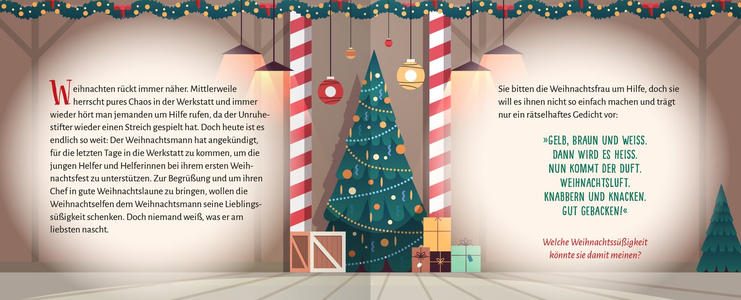 Gezeigt wird eine Innenansicht von „Escape Room Adventskalender. Weihnachtliche Knobelchallenge“. Im Mittelpunkt steht ein festlich geschmückter Weihnachtsbaum, umgeben von bunten Geschenken. Die Wände sind in warmen Farbtönen gehalten und mit großen, rot-weißen Streifen dekoriert. Über dem Baum hängen Lichterketten mit verschiedenen Ornamenten. Auf der rechten Seite befindet sich ein Textfeld mit geschwungener Schrift, das weihnachtliche Gedanken und Fragen präsentiert. Die...