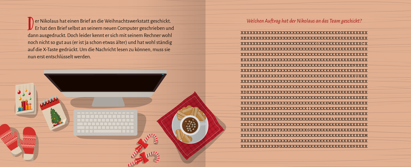 Gezeigt wird eine Innen- oder Zusatzansicht von „Escape Room Adventskalender. Weihnachtliche Knobelchallenge“. Auf der linken Seite befindet sich eine stilisierte Darstellung eines Schreibtisches mit einem Computer, einer Kaffeetasse, Weihnachtskarten und Plätzchen. Die Farben sind warm und festlich, mit Rottönen, Grüntönen und einem sanften Holzton. Auf der rechten Seite steht der Text in klarer, leserlicher Schrift. Der Hintergrund ist in einem dezenten Beige gehalten, was die...