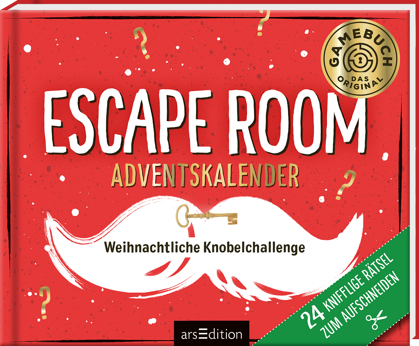 Das Buchcover zeigt einen roten Hintergrund, auf dem weiße sowie goldene Glitzerpunkte verteilt sind. In der Mitte prangt der Titel „ESCAPE ROOM ADVENTSKALENDER“ in großen, weißen Buchstaben. Darunter steht in kleinerer Schrift „Weihnachtliche Knobelchallenge“ in Schwarz. Ein stilisierter Schlüssel in Gold und weiße Schnurrbart-Illustrationen ergänzen das Design. In der oberen rechten Ecke ist ein runder Button mit der Aufschrift „GAMEBUCH DAS ORIGINAL“. Ganz unten mittig...