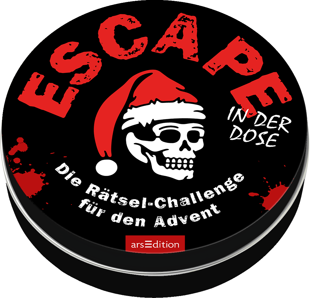 Das Buchcover zeigt einen schwarzen Hintergrund, auf dem der Titel „ESCAPE IN DER DOSE“ in großen, rot gestalteten Buchstaben prangt. Eine Weihnachtsmütze thront auf einem stilisierten, weißen Totenkopf, der zentral platziert ist. Darunter steht klein „Die Rätsel-Challenge für den Advent“ in schlichter, weißer Schrift. Die Atmosphäre wirkt geheimnisvoll und weihnachtlich zugleich, mit einem Hauch von Abenteuer. Ganz unten mittig steht der Logoschriftzug von arsEdition.