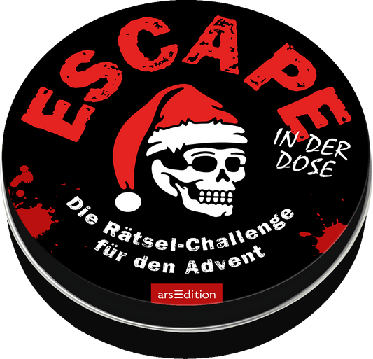 Das Buchcover zeigt einen schwarzen Hintergrund, auf dem der Titel „ESCAPE IN DER DOSE“ in großen, rot gestalteten Buchstaben prangt. Eine Weihnachtsmütze thront auf einem stilisierten, weißen Totenkopf, der zentral platziert ist. Darunter steht klein „Die Rätsel-Challenge für den Advent“ in schlichter, weißer Schrift. Die Atmosphäre wirkt geheimnisvoll und weihnachtlich zugleich, mit einem Hauch von Abenteuer. Ganz unten mittig steht der Logoschriftzug von arsEdition.