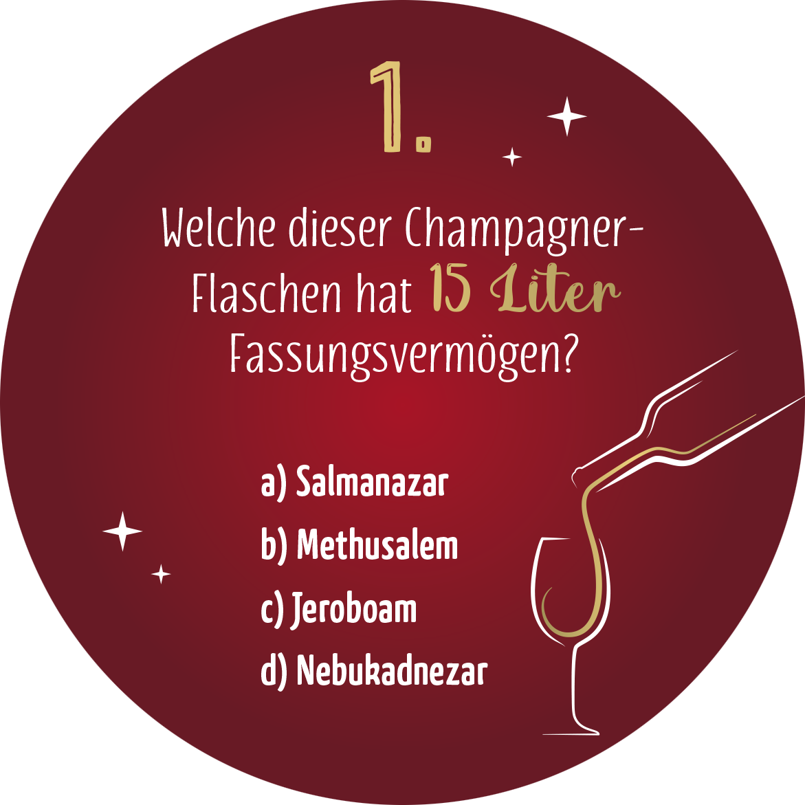 Gezeigt wird eine Innen- oder Zusatzansicht von „Adventskalender in der Dose. Einschenken ist auch schenken!“. Der Hintergrund ist in einem tiefen Rot gehalten, das eine festliche Stimmung vermittelt. In der oberen linken Ecke steht die Zahl „1“ in goldener, eleganter Typografie. Der Text fragt nach der Größe einer Champagnerflasche und ist in einer verspielten Schriftart in Weiß und Gold gestaltet. Am rechten Rand ist ein stilisierte Glaskelcher mit einem Champagnerstrahl...