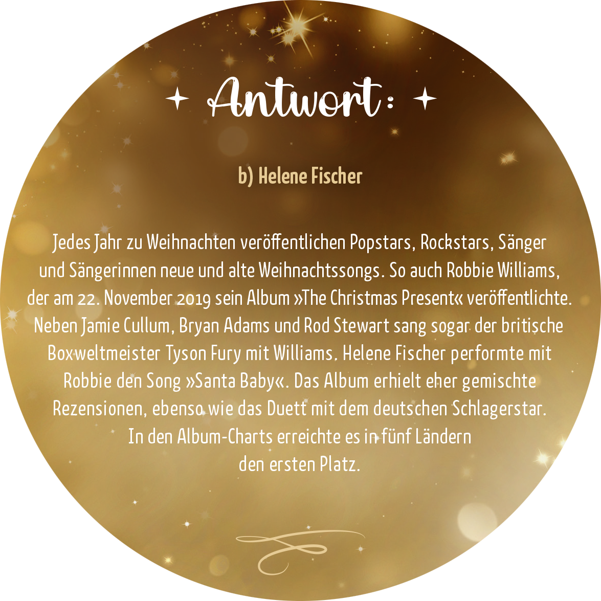 Gezeigt wird eine Innen- oder Zusatzansicht von „Adventskalender in der Dose. Rock n Christmas!“. Die Ansicht zeigt einen goldenen Hintergrund mit funkelnden Sternen, der eine festliche Atmosphäre schafft. In der Mitte steht in geschwungener Schrift das Wort „Antwort:“, gefolgt von der Erklärung in klarer, lesbarer Typografie. Die Kombination aus festlichen Farben und ansprechender Schrift schafft ein weihnachtliches Ambiente, das die Vorfreude auf die Feiertage verstärkt.