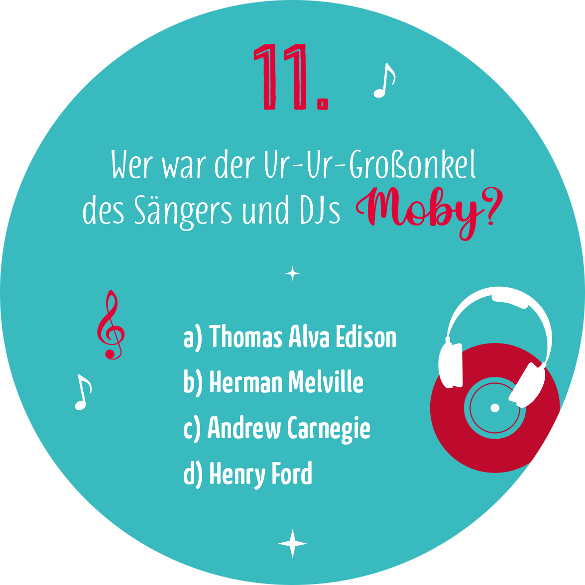 Gezeigt wird eine Innen- oder Zusatzansicht von „Adventskalender in der Dose. Rock n Christmas!“. Die Gestaltung zeigt einen kühlen, mintgrünen Hintergrund mit einem großen weißen Kreis in der Mitte. Innerhalb des Kreises steht die Frage „Wer war der Ur-Ur-Großonkel des Sängers und DJs Moby?“ in einer verspielten Schriftmixtur aus Handlettering und klaren serifenlosen Buchstaben. Farbige Musiksymbole und ein rotes Kopfhörer-Icon umrahmen den Text, während die...