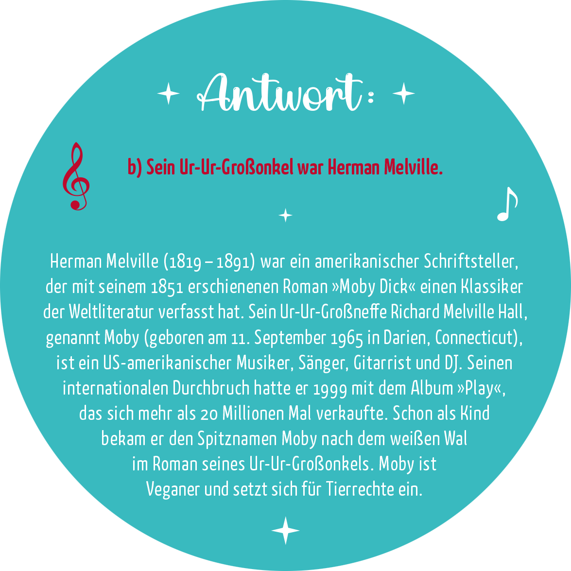 Gezeigt wird eine Innen- oder Zusatzansicht von „Adventskalender in der Dose. Rock n Christmas!“. Die Darstellung zeigt einen bunten, runden Hintergrund in einem kräftigen Türkis. In der Mitte ist der Text „Antwort:“ in einer verspielten, weißen Schriftart ausgezeichnet, gefolgt von einer Erklärung in einer klaren, lesbaren roten Schrift. Verschiedene dekorative Elemente, wie Musikinstrumente und Sterne, ergänzen das weihnachtliche und rockige Thema.