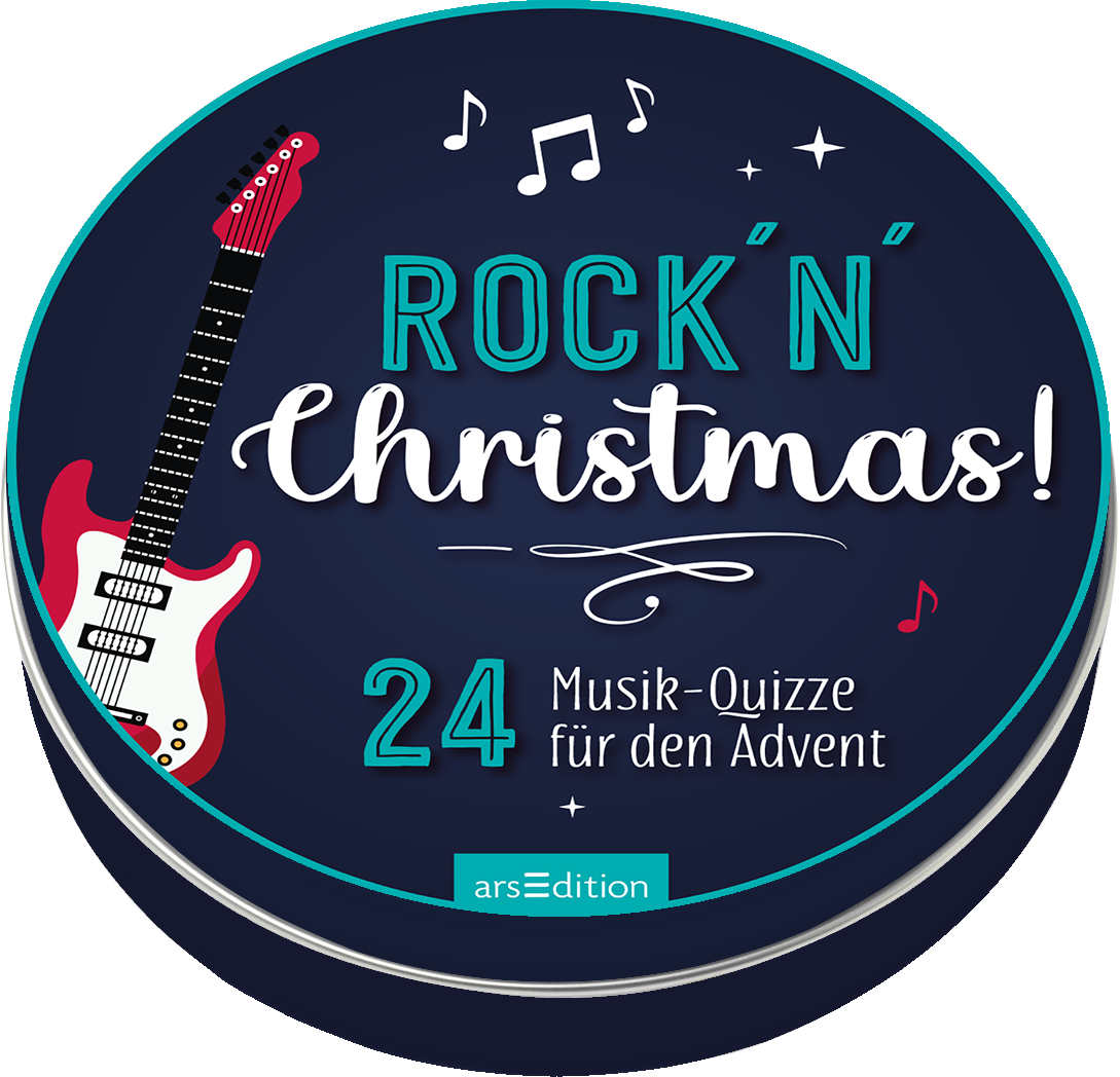 Das Buchcover zeigt einen dunkelblauen Hintergrund mit einem farbenfrohen, grafischen Layout. Zentrale Elemente sind eine rote E-Gitarre und Noten, die in verschiedenen Größen rund um den Titel „ROCK´N Christmas!“ angeordnet sind. Der Titel ist in lebendigen Farben und unterschiedlichen Schriftarten gestaltet, was eine festliche Atmosphäre vermittelt. Darunter steht in kleinerer Schrift „24 Musik-Quizze für den Advent“. Ein SPIEGEL-Bestseller-Button ist nicht vorhanden. Ganz unten...