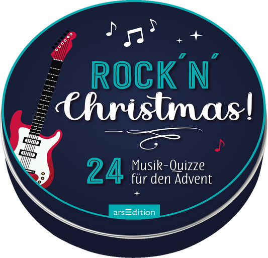 Das Buchcover zeigt einen dunkelblauen Hintergrund mit einem farbenfrohen, grafischen Layout. Zentrale Elemente sind eine rote E-Gitarre und Noten, die in verschiedenen Größen rund um den Titel „ROCK´N Christmas!“ angeordnet sind. Der Titel ist in lebendigen Farben und unterschiedlichen Schriftarten gestaltet, was eine festliche Atmosphäre vermittelt. Darunter steht in kleinerer Schrift „24 Musik-Quizze für den Advent“. Ein SPIEGEL-Bestseller-Button ist nicht vorhanden. Ganz unten...