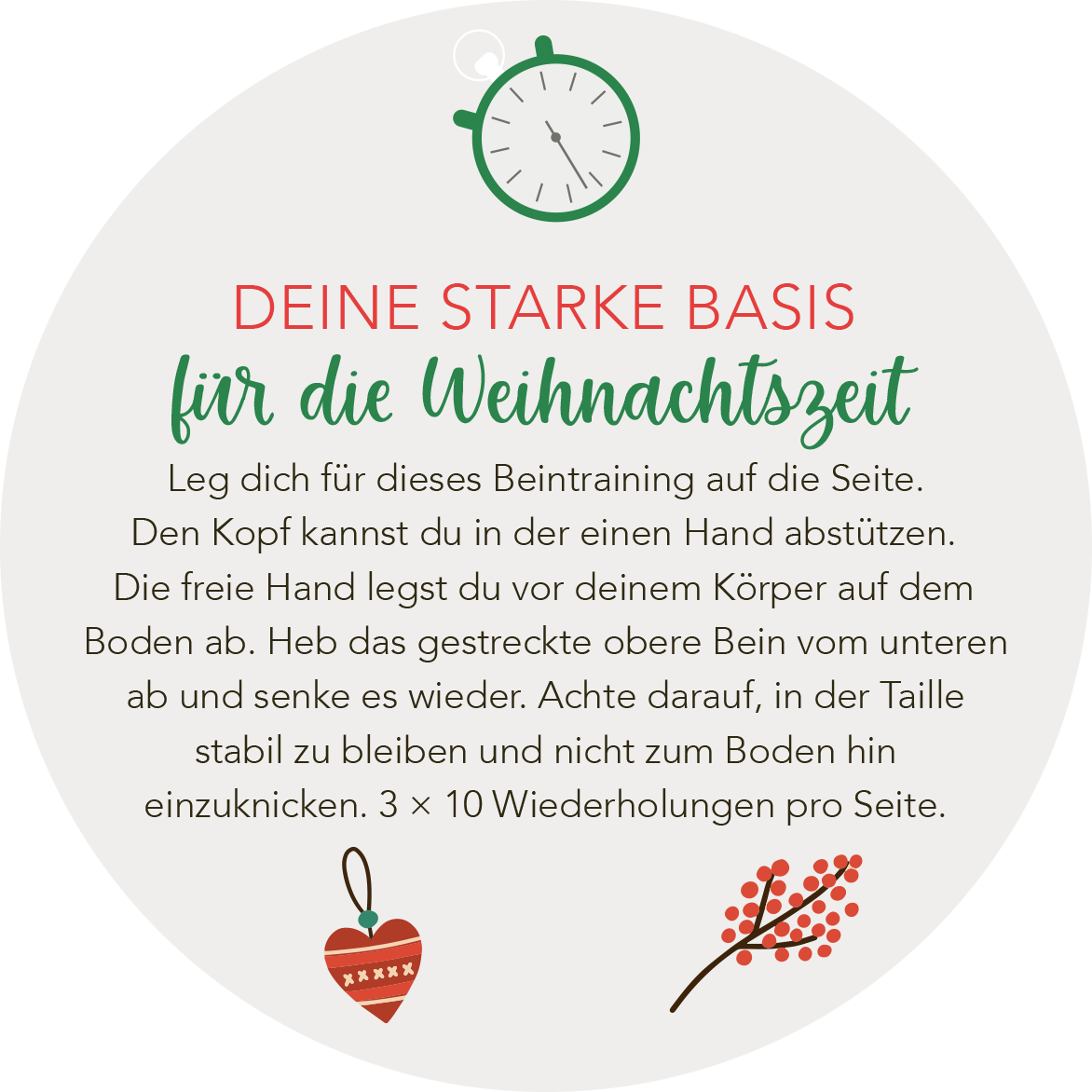 Gezeigt wird eine Innen- oder Zusatzansicht von „Adventskalender in der Dose. Fit im Advent“. Der Text ist in einem runden Layout gestaltet, dominierend sind die Farben Rot und Grün. Zentrale Überschrift: „DEINE STARKE BASIS für die Weihnachtszeit“ in einer verspielten Schriftart, gefolgt von erklärendem, gut lesbarem Fließtext. Ergänzt wird die Darstellung durch grafische Elemente wie eine Uhr und weihnachtliche Symbole, die zur festlichen Stimmung beitragen.