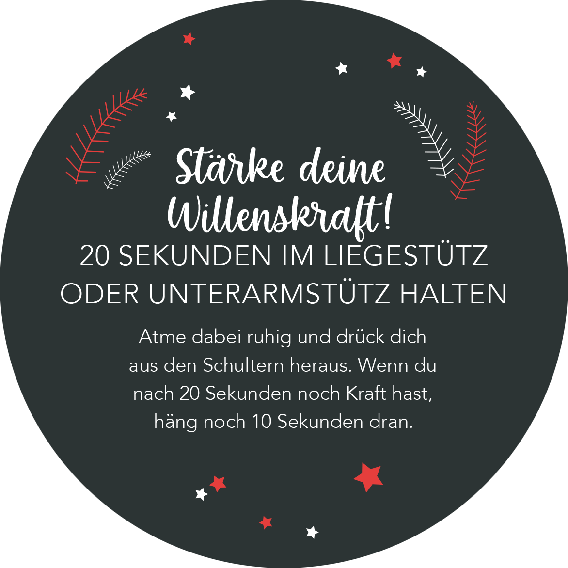 Gezeigt wird eine Innen- oder Zusatzansicht von „Adventskalender in der Dose. Fit im Advent“. Der Hintergrund ist dunkelgrau und zeigt eine runde Form. In der oberen Hälfte steht in geschwungener, weißer Schrift „Stärke deine Willenskraft!“. Darunter befindet sich in klarer, serifenloser Schrift die Anweisung „20 Sekunden im Liegestütz oder Unterarmstütz halten“, gefolgt von weiteren Erklärungen. Rote und weiße Sterne sowie grüne Blätter akzentuieren das Design und...