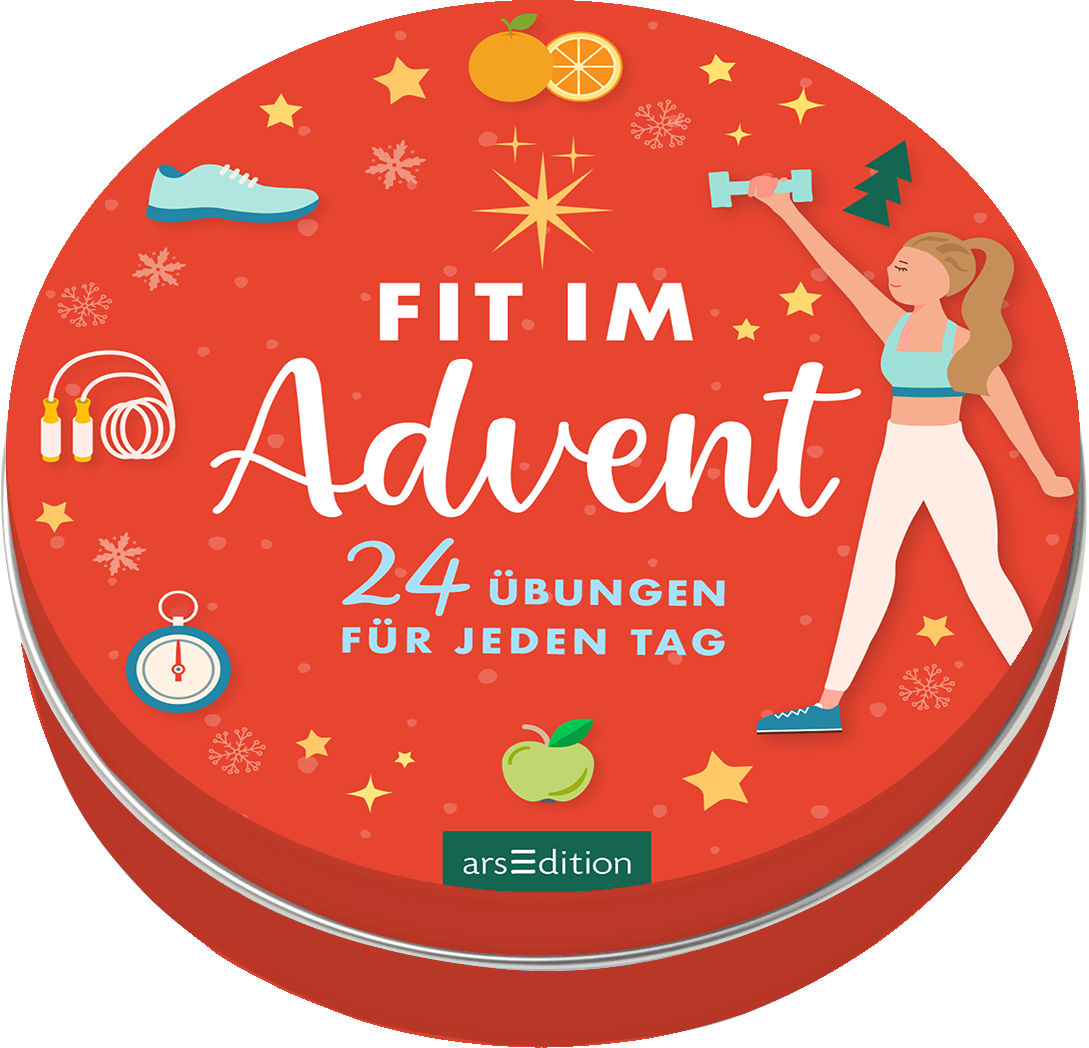 Das Buchcover zeigt einen runden, rot Hintergrund mit festlichen Motiven wie Sternen, Tannenzweigen und Sportutensilien. In der oberen Mitte prangt der Titel „FIT IM Advent“ in einer verspielten, weißen Schrift. Darunter stehen die Worte „24 Übungen für jeden Tag“ in klarer, blauer Typografie. Eine sportliche Frau hebt in dynamischer Pose eine Hantel. Die Farbpalette strahlt festliche Stimmung aus. Ganz unten mittig steht der Logoschriftzug von arsEdition.