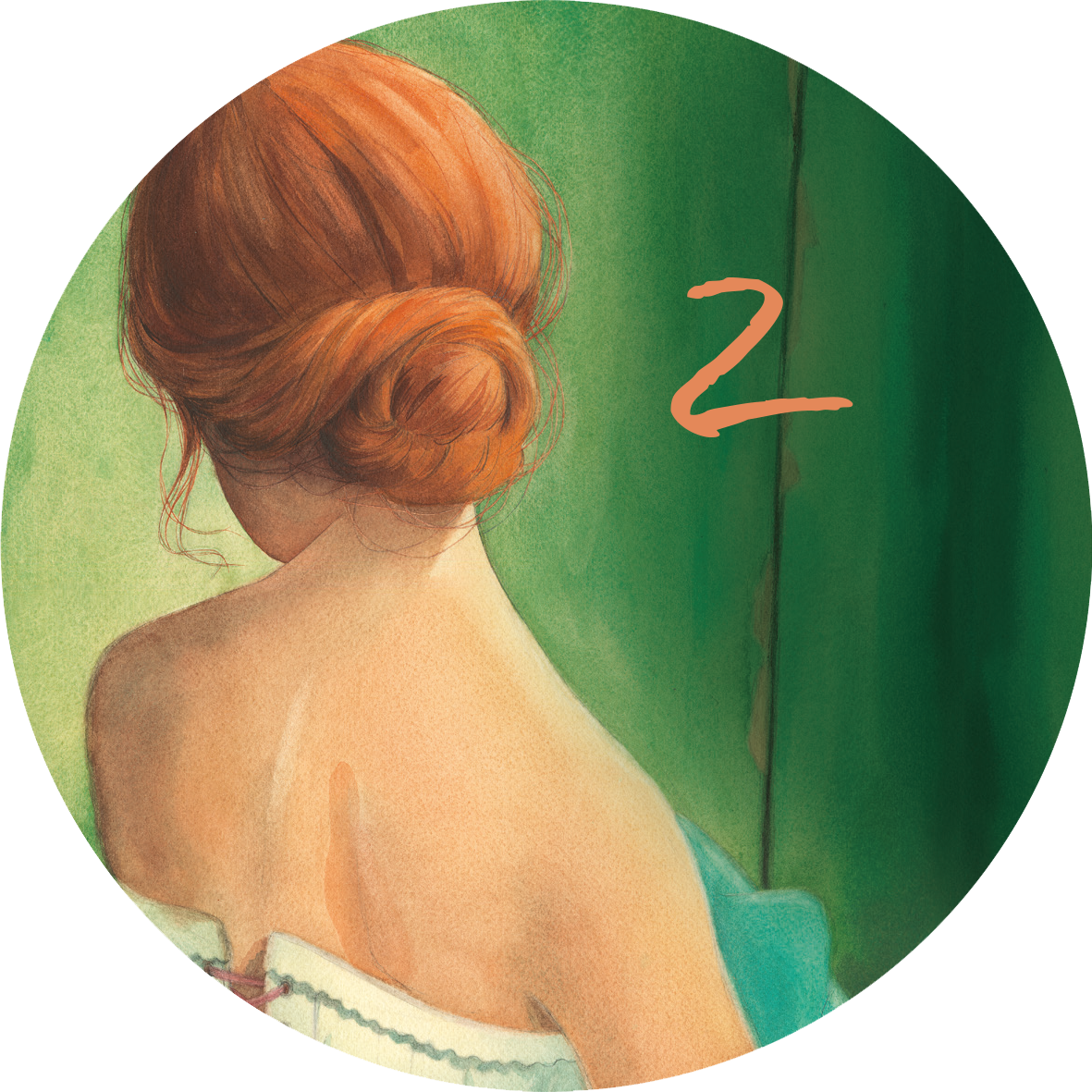 Gezeigt wird eine Innen- oder Zusatzansicht von „Adventskalender in der Dose. Mama“. Auf der Illustration ist eine junge Frau mit schimmerndem, rotem Haar zu sehen, die den Rücken zur Kamera dreht. Sie ist in sanftes Licht getaucht, während ihr Oberteil in hellen Blau- und Rosatönen gehalten ist. Im Hintergrund sind grüne Wände sichtbar, die einen harmonischen Kontrast zur warmen Farbpalette der Figur bilden. Die Zahl „2“ ist in einem verspielten, orangefarbenen Schriftzug...