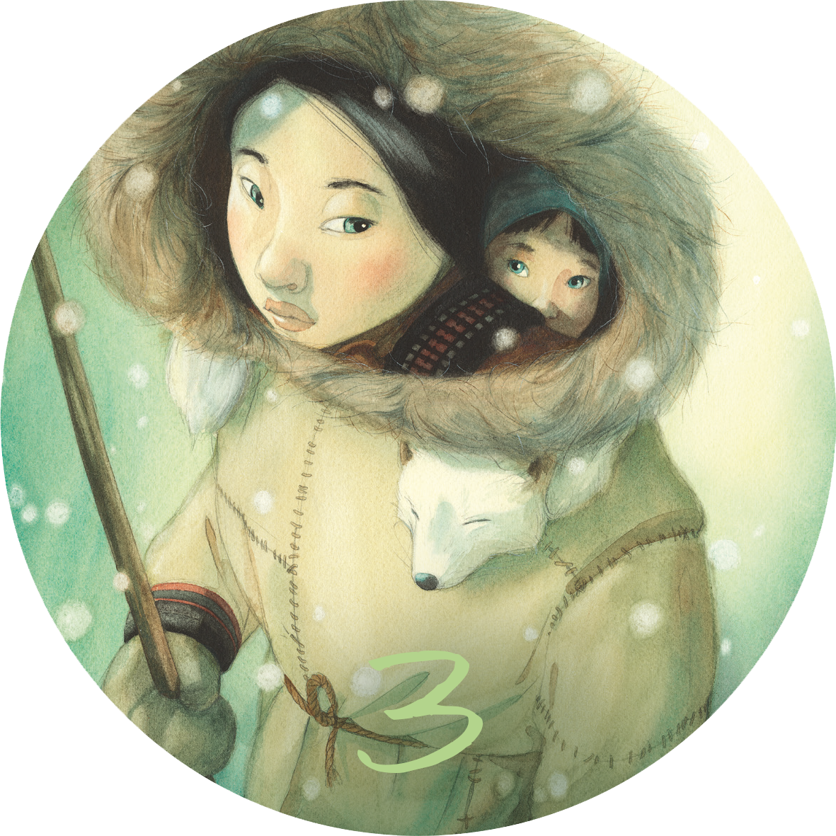 Gezeigt wird eine Innen- oder Zusatzansicht von „Adventskalender in der Dose. Mama“. Die Illustration zeigt eine junge Frau mit einer großen, pelzigen Kapuze, die einen kleinen Jungen im Hintergrund sanft umarmt. Umgeben von sanften, pastellfarbenen Tönen und fallendem Schnee, strahlt die Szene eine ruhige, winterliche Atmosphäre aus. Die Typografie in sanftem Grün zeigt die Zahl „3“ und harmoniert mit dem sanften Farbschema der Darstellung.