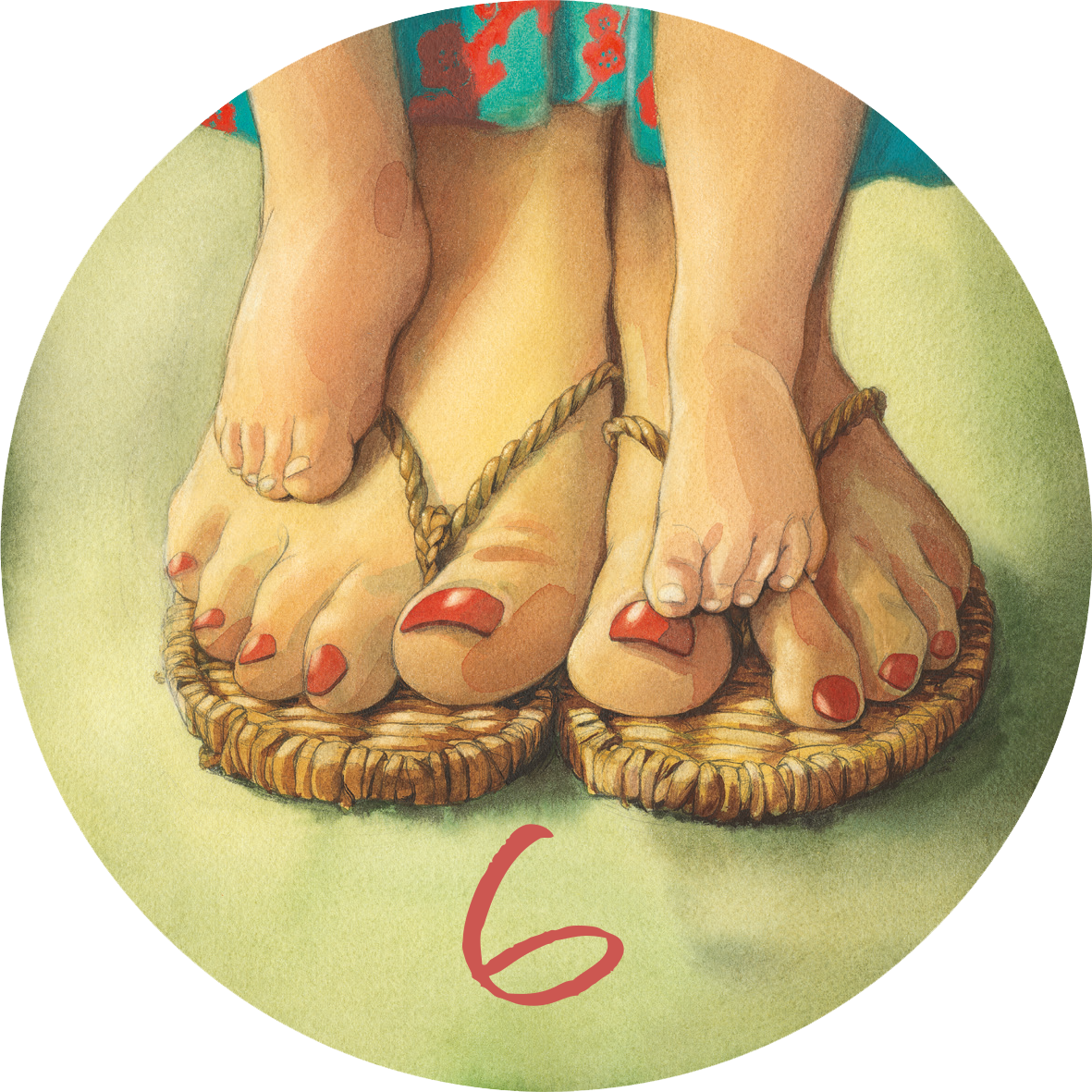 Gezeigt wird eine Innen- oder Zusatzansicht von „Adventskalender in der Dose: Mama. 24 liebevolle Botschaften für den Advent“. Die Abbildung zeigt zwei Füße auf einer runden Unterlage. Der größere Fuß mit rotem Nagellack steht vorne, während der kleinere Fuß leicht nach hinten versetzt ist. Der Hintergrund ist sanft grün und hebt die Füße hervor. Die Zahl „6“ ist in einer verspielten, roten Schriftart am unteren Rand platziert, die die fröhliche und liebevolle Atmosphäre...