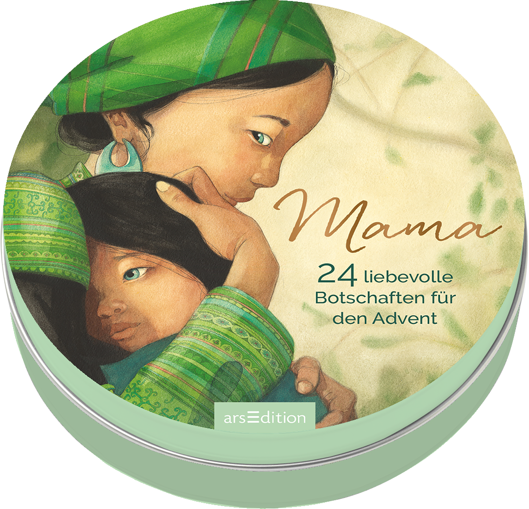 Das Buchcover zeigt eine herzliche Szene mit zwei Frauen. Die vordere Figur trägt eine grüne Kopfbandage und eine blumig gemusterte Bluse, während sie liebevoll ein jüngeres Mädchen umarmt. Die Farbpalette ist sanft und größtenteils in Grüntönen gehalten. Der Titel „Mama“ ist in eleganter, geschwungener Schrift in einem warmen Braunton platziert. Darunter steht der Untertitel „24 liebevolle Botschaften für den Advent“ in einer klaren Schrift. Ganz unten mittig steht der...