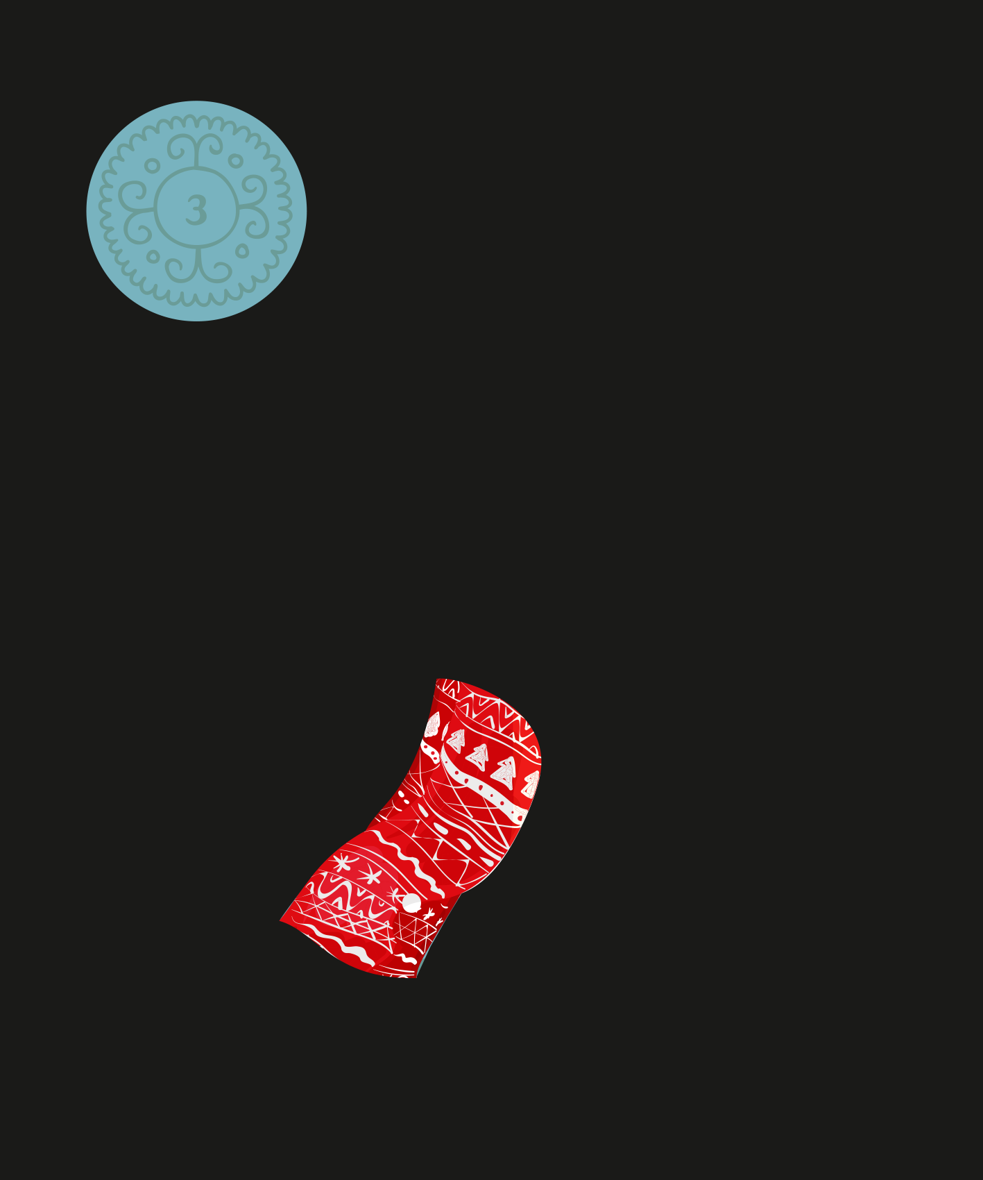 Gezeigt wird eine Innen- oder Zusatzansicht von „Mein kreativer Kritzkratz-Adventskalender“. Die Abbildung zeigt einen schwarzen Hintergrund, darauf ist ein hellblauer Kreis mit der Zahl „3“ zu sehen. Neben dem Kreis befindet sich ein roter Strumpf, verziert mit weißen, weihnachtlichen Mustern wie Bäumen und Punkten. Die Farben sind lebendig und schaffen eine festliche Atmosphäre.