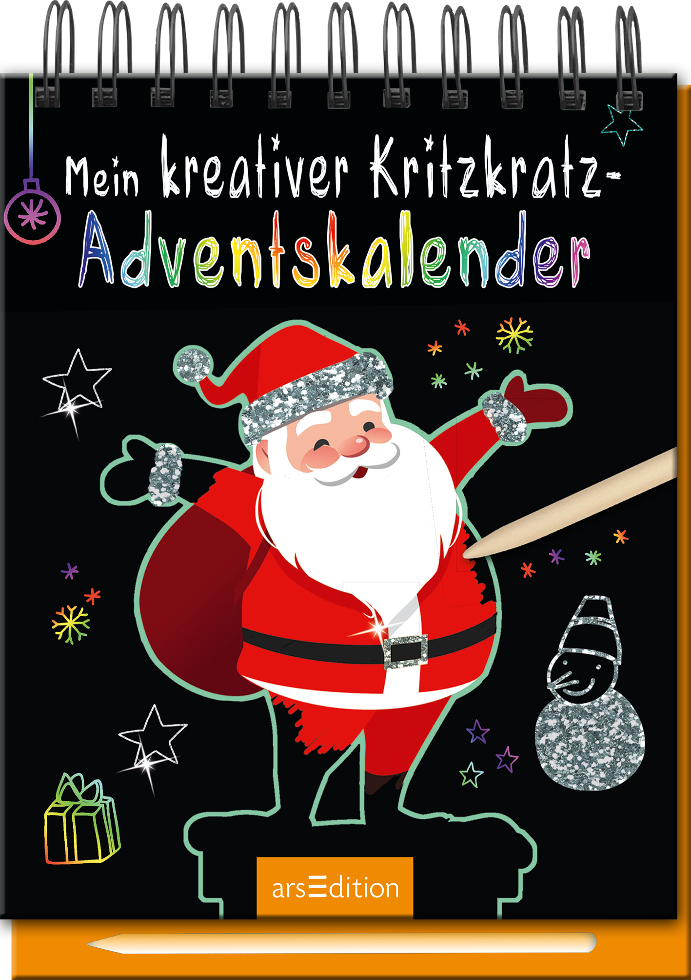 Das Cover zeigt einen fröhlichen, rot gekleideten Weihnachtsmann mit weißem Bart, der vor einem schwarzen Hintergrund steht. Er hält ein Kritzkratzer-Werkzeug in der Hand, mit dem er kunstvolle Designs auf einem Adventskalender erstellt. Glitzernde Sterne und weihnachtliche Geschenke umgeben ihn. Der Titel „Mein kreativer Kritzkratz-Adventskalender“ ist in bunten, verspielten Buchstaben geschrieben. Ein SPIEGEL-Bestseller-Button ist in der oberen linken Ecke platziert. Ganz unten mittig...