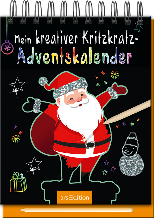 Das Cover zeigt einen fröhlichen, rot gekleideten Weihnachtsmann mit weißem Bart, der vor einem schwarzen Hintergrund steht. Er hält ein Kritzkratzer-Werkzeug in der Hand, mit dem er kunstvolle Designs auf einem Adventskalender erstellt. Glitzernde Sterne und weihnachtliche Geschenke umgeben ihn. Der Titel „Mein kreativer Kritzkratz-Adventskalender“ ist in bunten, verspielten Buchstaben geschrieben. Ein SPIEGEL-Bestseller-Button ist in der oberen linken Ecke platziert. Ganz unten mittig...