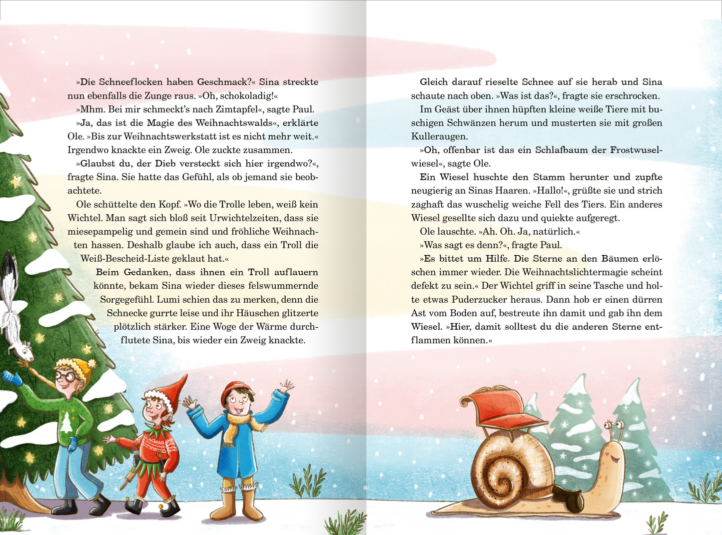 Gezeigt wird eine Innen- oder Zusatzansicht von „Das Geheimnis des Winterwichtels“. Die Illustration zeigt eine winterliche Landschaft mit schneebedeckten Tannenbäumen und bunten Charakteren. In warmen, sanften Farben und verspielter Typografie sind die Figuren dargestellt: Ein Mädchen mit Schal, zwei fröhliche Jungen und eine große Schnecke. Im Hintergrund zieren sanfte, pastellfarbene Wolken den Himmel, während Schneeflocken herabfallen und eine märchenhafte Stimmung erzeugen.