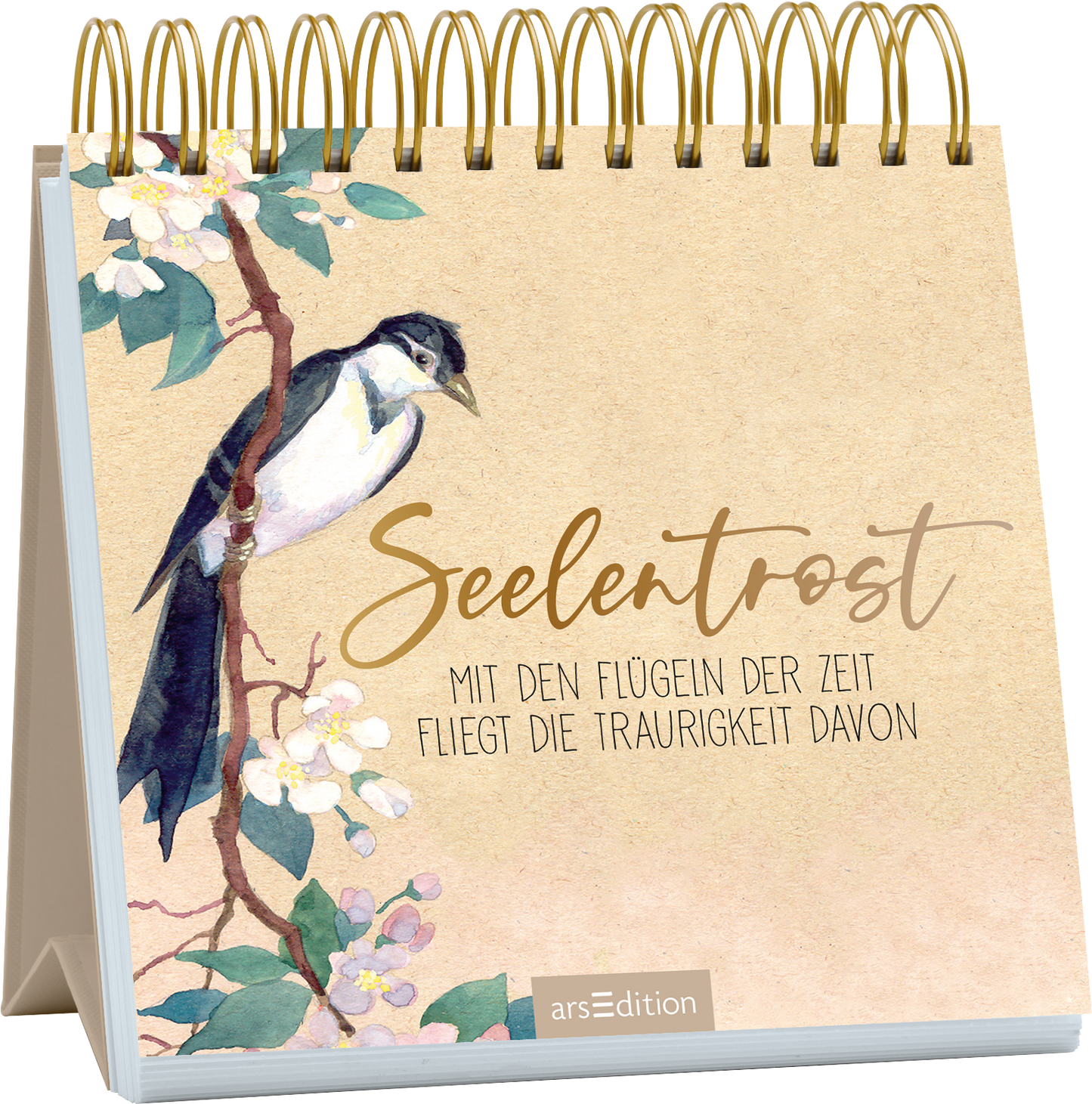 Das Buchcover zeigt einen sanften, beige-harmonischen Hintergrund mit einer Aquarell-Illustration eines Baumes und einer schwarz-weißen Vogelart, die auf einem Ast sitzt. Der Titel „Seelentrost“ ist in eleganter, goldener Schrift platziert, darunter steht in schlichter, grauer Schriftzug: „Mit den Flügeln der Zeit fliegt die Traurigkeit davon“. Das Cover vermittelt eine ruhige und tröstliche Atmosphäre. Ganz unten mittig steht der Logoschriftzug von arsEdition.