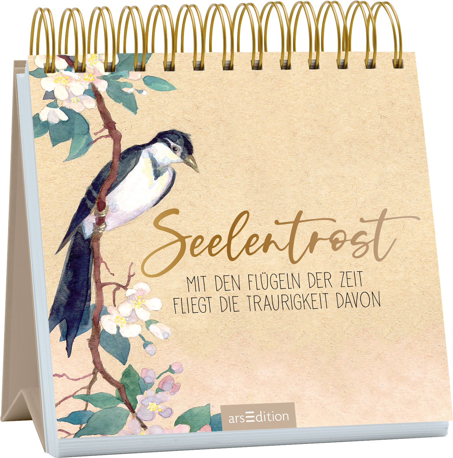 Das Buchcover zeigt einen sanften, beige-harmonischen Hintergrund mit einer Aquarell-Illustration eines Baumes und einer schwarz-weißen Vogelart, die auf einem Ast sitzt. Der Titel „Seelentrost“ ist in eleganter, goldener Schrift platziert, darunter steht in schlichter, grauer Schriftzug: „Mit den Flügeln der Zeit fliegt die Traurigkeit davon“. Das Cover vermittelt eine ruhige und tröstliche Atmosphäre. Ganz unten mittig steht der Logoschriftzug von arsEdition.