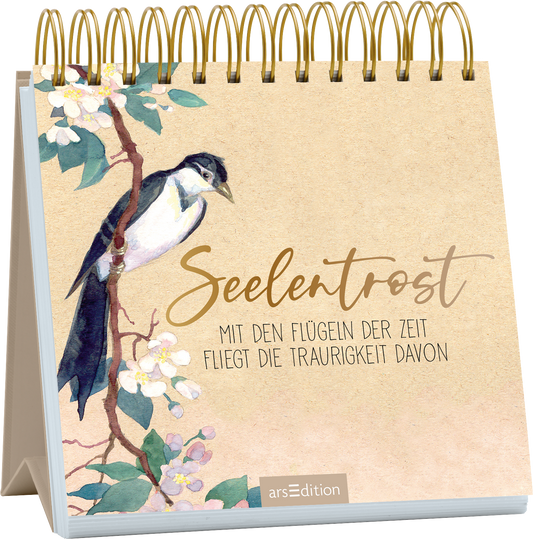 Das Buchcover zeigt einen sanften, beige-harmonischen Hintergrund mit einer Aquarell-Illustration eines Baumes und einer schwarz-weißen Vogelart, die auf einem Ast sitzt. Der Titel „Seelentrost“ ist in eleganter, goldener Schrift platziert, darunter steht in schlichter, grauer Schriftzug: „Mit den Flügeln der Zeit fliegt die Traurigkeit davon“. Das Cover vermittelt eine ruhige und tröstliche Atmosphäre. Ganz unten mittig steht der Logoschriftzug von arsEdition.