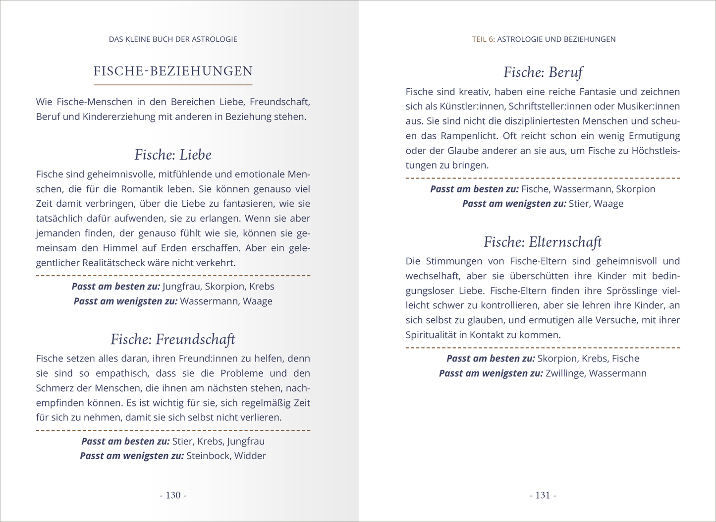 Gezeigt wird eine Innen- oder Zusatzansicht von „Das kleine Buch der Astrologie“. Die Seiten sind in einem klaren, zweispaltigen Layout gestaltet, geprägt von einer leicht lesbaren Serifenschrift. Der Kopfbereich jedes Abschnitts ist in großen, fettgedruckten Buchstaben verfasst, während der Fließtext informativ und gut strukturiert ist. Ein sanfter, cremefarbener Hintergrund sorgt für eine angenehme Lesbarkeit. Die Inhalte sind in thematische Abschnitte unterteilt, die verschiedene...