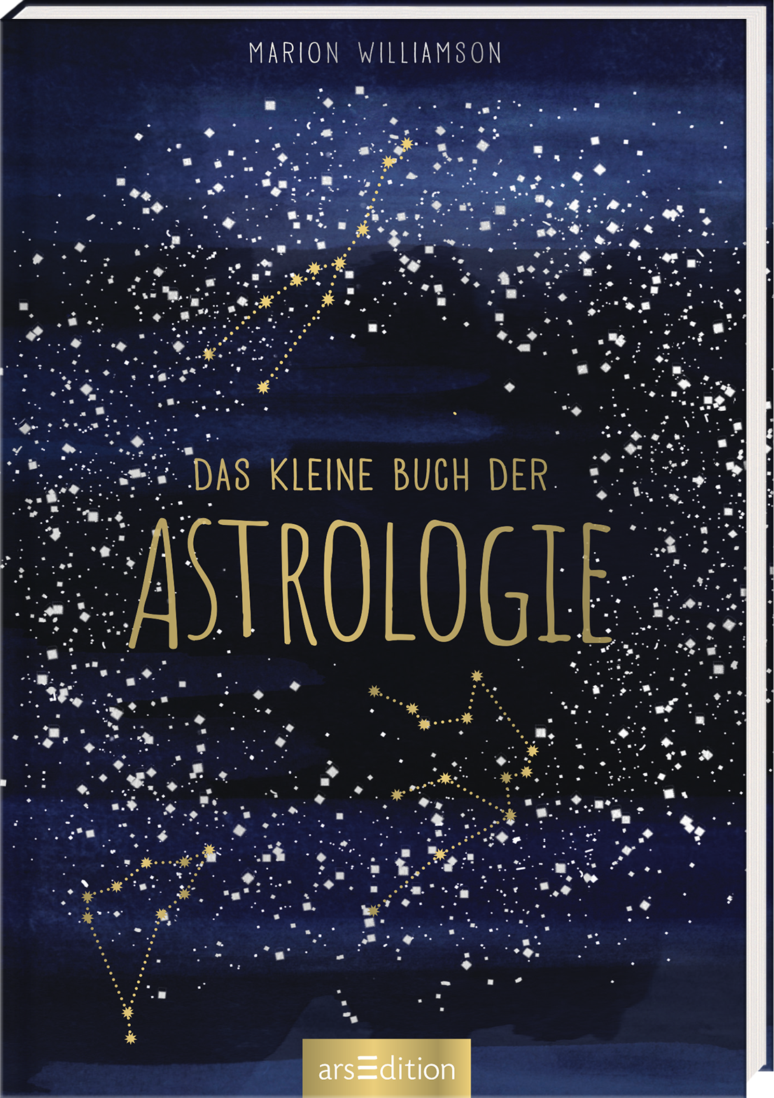 Das Cover zeigt einen tiefblauen Nachthimmel, durchzogen von zahlreichen, funkelnden Sternen. Goldene Linien bilden die Umrisse von Sternbildern. In der Mitte des Covers steht in großen, goldenen Buchstaben „DAS KLEINE BUCH DER ASTROLOGIE“. Oberhalb des Titeltextes befindet sich der Name „MARION WILLIAMSON“ in schlichter, weißer Schrift. Ganz unten mittig steht der Logoschriftzug von arsEdition.