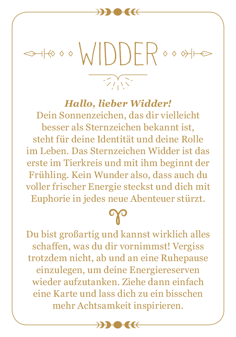 Gezeigt wird eine Innen- oder Zusatzansicht von „Achtsamkeit für den Widder“. Die Seite ist in sanften Beigetönen gehalten, mit goldenem Schriftzug, der den Titel „WIDDER“ prominent anzeigt. Darunter folgt der einladende Text „Hallo, lieber Widder!“ in einer klaren, gut lesbaren Serifenschrift. Dekorative grafische Elemente, wie kleine Symbole, umrahmen den Text und verleihen der Gestaltung eine freundliche, harmonische Atmosphäre.