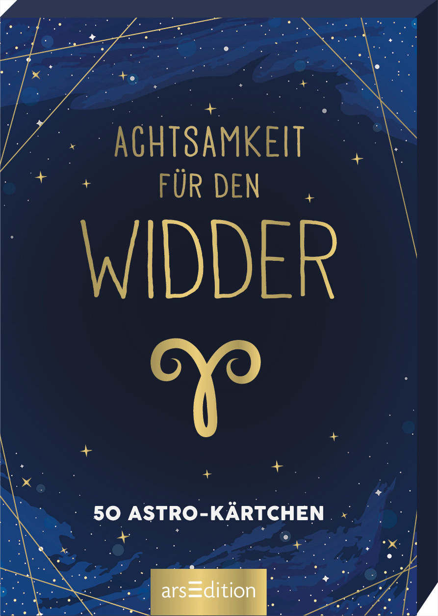 Das Buchcover zeigt einen tiefblauen Hintergrund, der an einen klaren Nachthimmel erinnert, durchzogen von goldenen Sternen und feinen Linien. In der Mitte steht der Titel „ACHTSAMKEIT FÜR DEN WIDDER“ in großen, eleganten Buchstaben, wobei das Wort „WIDDER“ besonders hervorgehoben ist. Unten wird auf die Anzahl der enthaltenen Karten hingewiesen: „50 ASTRO-KÄRTCHEN“. Ganz unten mittig steht der Logoschriftzug von arsEdition.