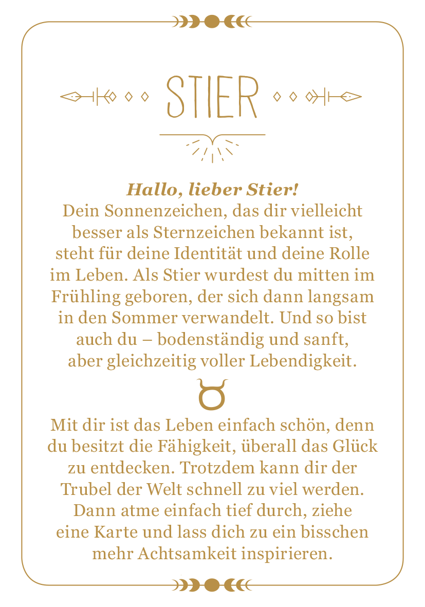 Gezeigt wird eine Innen- oder Zusatzansicht von „Achtsamkeit für den Stier“. Der Hintergrund ist in einem sanften Creme-Ton gehalten, während die Schrift in einer eleganten, geschwungenen Typografie in Gold gehalten ist. Zentrale Elemente sind der Text, der eine persönliche Ansprache an den Stier enthält, sowie ein stilisiertes Stier-Symbol. Die Gesamtkomposition strahlt eine harmonische und einladende Atmosphäre aus, die den Fokus auf Achtsamkeit und positive Lebenseinstellung legt.