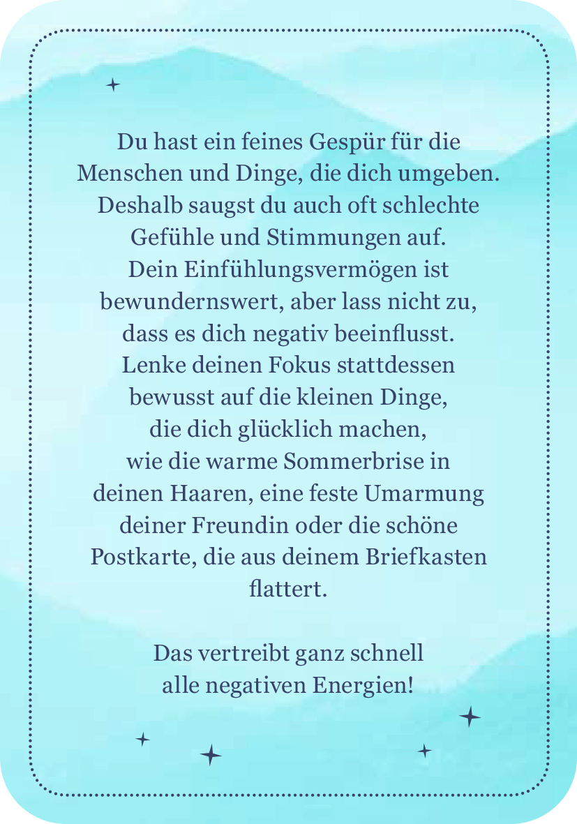 Gezeigt wird eine Innen- oder Zusatzansicht von „Achtsamkeit für den Krebs“. Der Hintergrund ist in sanften, blauen Wasserfarbtönen gehalten, die eine beruhigende Atmosphäre schaffen. Die Schrift ist klar und gut lesbar, in einer harmonischen Schriftart, die die entspannende Botschaft unterstützt. Der Text ermutigt dazu, sich auf positive kleine Dinge zu konzentrieren, um negative Energien abzubauen, was durch die freundliche Formulierung und den positiven Inhalt unterstrichen wird.