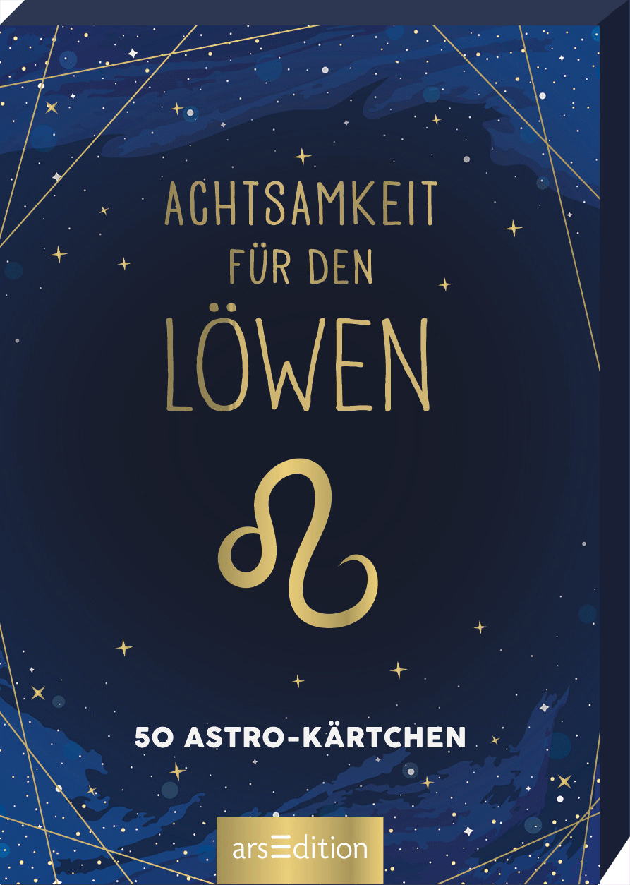 Das Buchcover zeigt einen nächtlichen Himmel in tiefem Blau, durchzogen von funkelnden, golden schimmernden Sternen. In der Mitte steht der Titel „ACHTSAMKEIT FÜR DEN LÖWEN“ in eleganter, goldener Typografie. Unter dem Titel erscheint eine geschwungene, goldene Linie, die das Sternzeichen Löwe symbolisiert. Unten auf dem Cover sind die Worte „50 ASTRO-KÄRTCHEN“ in einem schlichten, weißen Schriftzug zu sehen. Ganz unten mittig steht der Logoschriftzug von arsEdition.