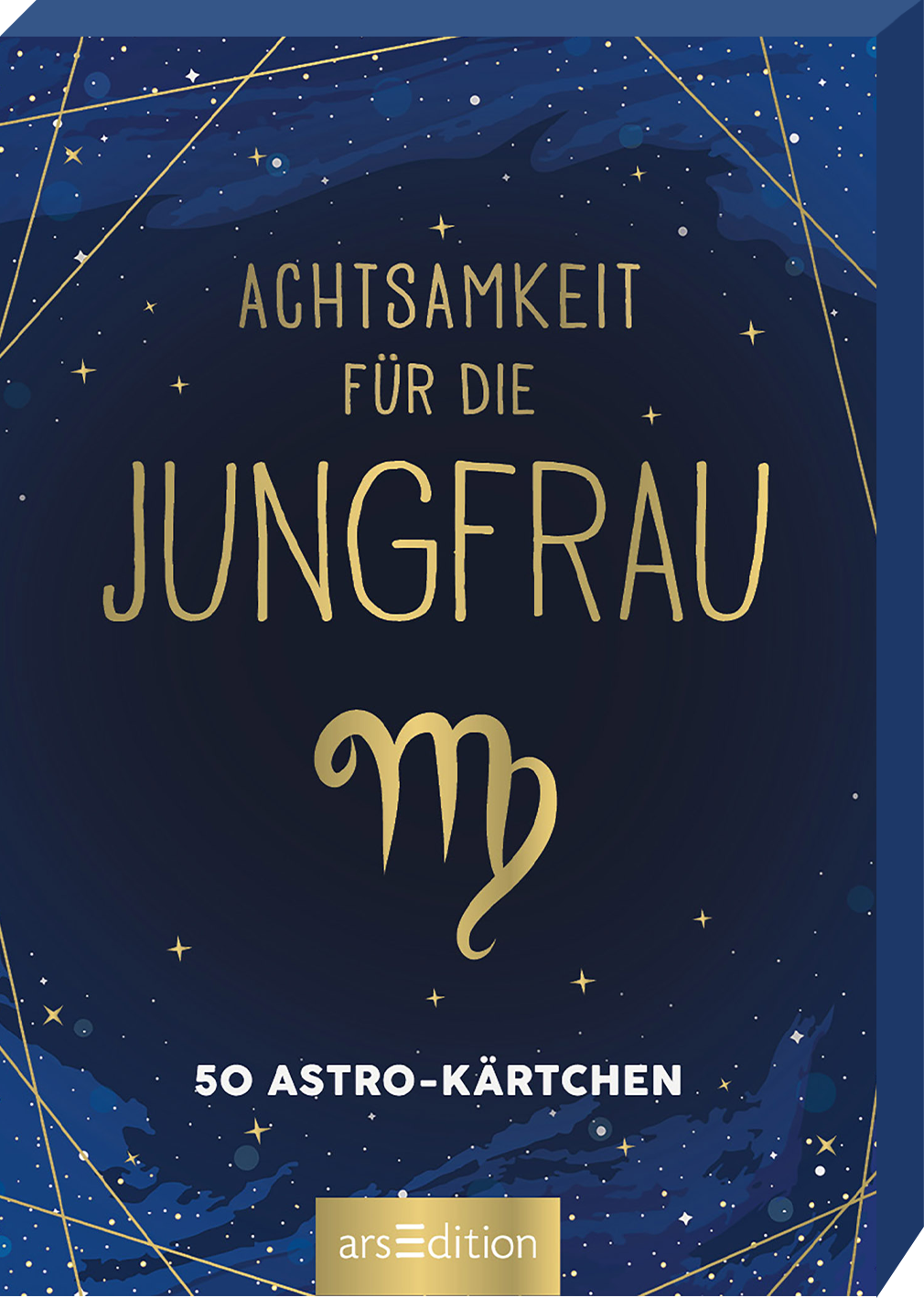 Das Buchcover zeigt einen tiefblauen Hintergrund mit goldenen Sternen und Linien, die den Nachthimmel illustrieren. Der Titel „ACHTSAMKEIT FÜR DIE JUNGFRAU“ ist in großen, eleganten Buchstaben gesetzt, während das Symbol für das Sternzeichen Jungfrau in einer geschwungenen Schrift darunter platziert ist. In der unteren Ecke steht der Hinweis „50 ASTRO-KÄRTCHEN“. Ganz unten mittig steht der Logoschriftzug von arsEdition.