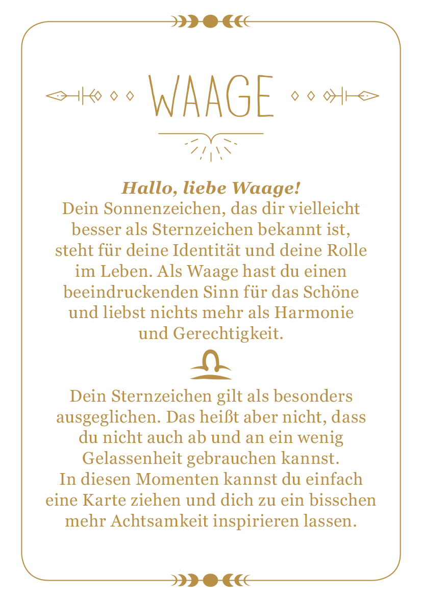 Gezeigt wird eine Innen- oder Zusatzansicht von „Achtsamkeit für die Waage“. Die Präsentation nutzt eine sanfte Farbpalette in Beige- und Goldtönen, die Eleganz ausstrahlt. Zentrale Elemente sind der Schriftzug „WAAGE“ in großer, verspielter Typografie oben, gefolgt von einem einladenden Text in klarer, gut lesbarer Schrift. Dekorative Elemente wie Pfeile und Symbole umrahmen den Inhalt und schaffen eine harmonische, ansprechende Darstellung.