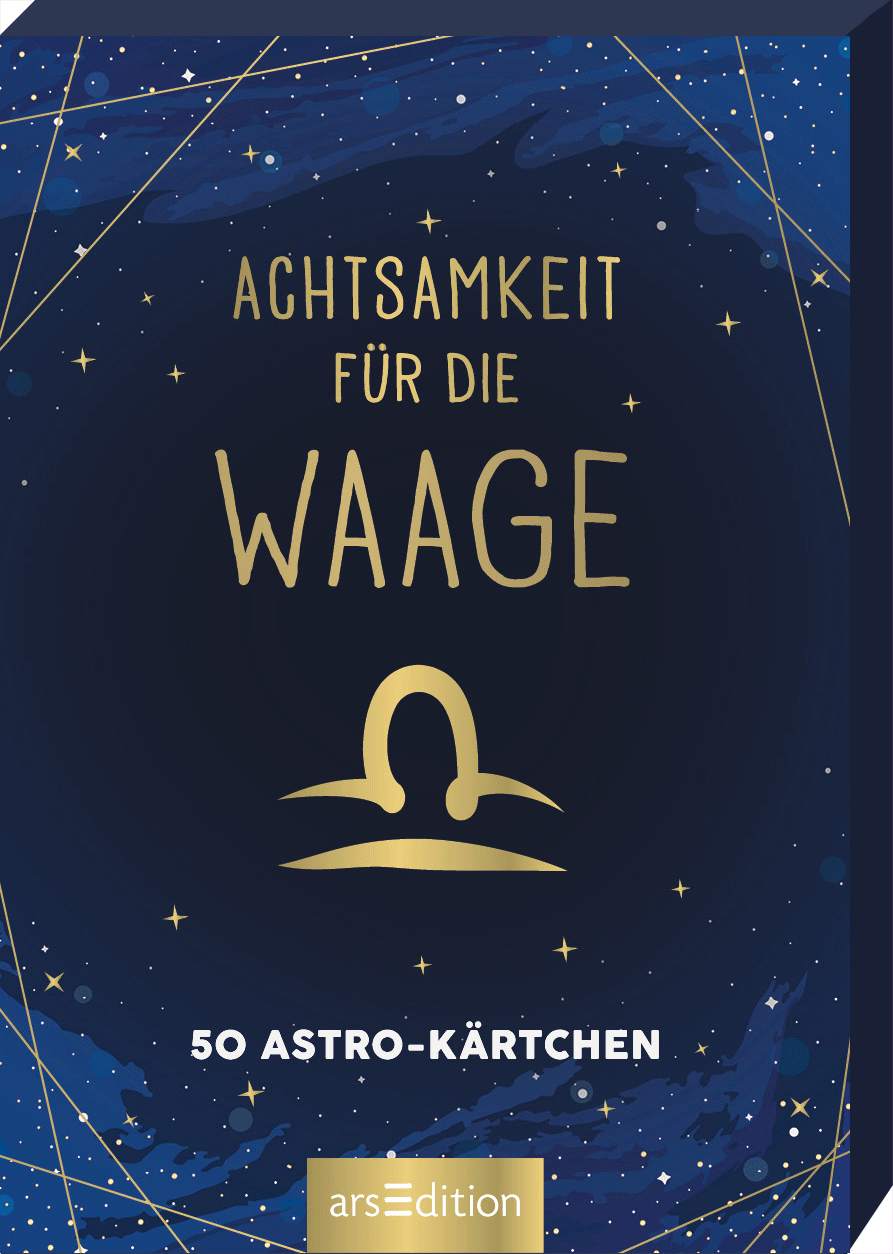 Das Buchcover zeigt einen tiefblauen Nachthimmel mit goldenen Sternen und feinen Linien, die an Sternbilder erinnern. Zentral steht in großen, goldenen Buchstaben der Titel „ACHTSAMKEIT FÜR DIE WAAGE“. Unterhalb des Titels ist das Symbol der Waage in einer stilisierten, weißen Darstellung zu sehen. Darunter steht in kleineren Buchstaben „50 ASTRO-KÄRTCHEN“. Ein SPIEGEL-Bestseller-Button ist nicht vorhanden. Ganz unten mittig steht der Logoschriftzug von arsEdition.