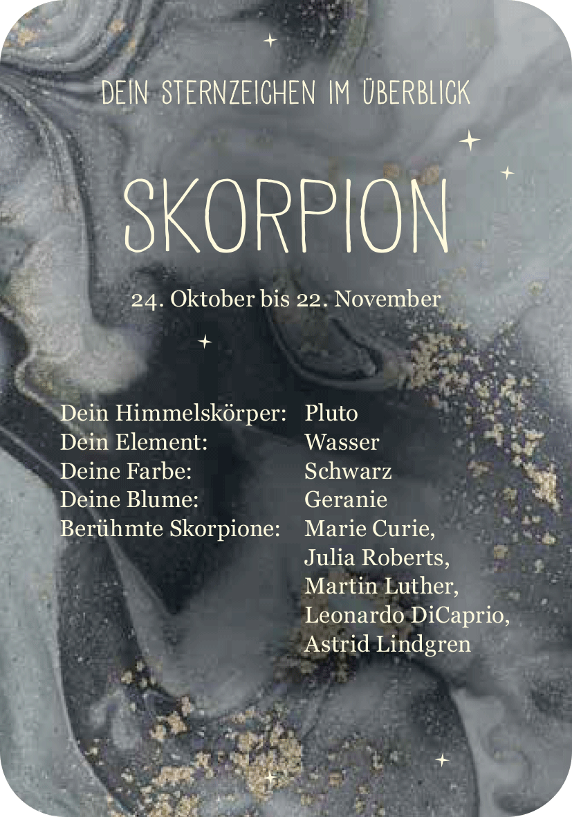 Gezeigt wird eine Innen- oder Zusatzansicht von „Achtsamkeit für den Skorpion“. Der Hintergrund ist in sanften Schwarz- und Grautönen gehalten, verziert mit goldenen Glitzerakzenten. Der Titel „SKORPION“ steht in einer eleganten, geschwungenen Schriftart, darüber strahlen kleine, stilisierte Sterne. Informationen zu den typischen Eigenschaften des Sternzeichens sind in klarer, gut lesbarer Schrift angeordnet. Die gesamte Grafik vermittelt eine ruhige, mystische Atmosphäre, die zur...