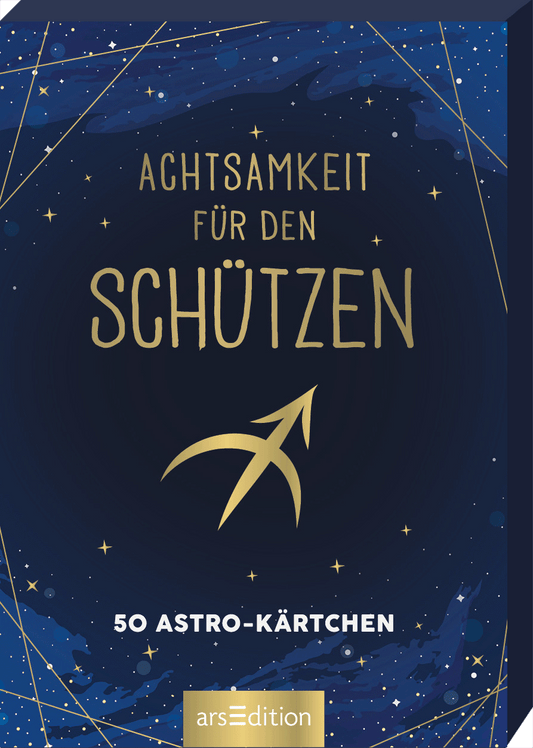 Das Buchcover zeigt einen tiefblauen Hintergrund, der mit goldenen Sternen und strahlenden Konstellationen geschmückt ist. In der Mitte prangt der Titel „Achtsamkeit für den Schützen“ in eleganter, goldener Schrift, wobei „Schützen“ besonders hervorgehoben ist. Unterhalb befindet sich der Hinweis „50 Astro-Kärtchen“ in kleinerer, ebenfalls goldener Schrift. Ganz oben links sind die Sterne dezent angeordnet, was eine beruhigende und mystische Atmosphäre erzeugt. Ganz unten...