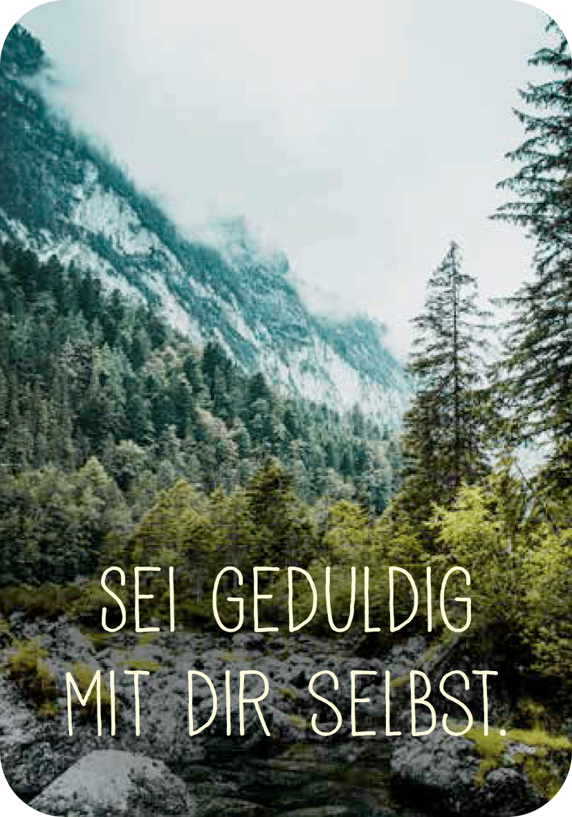 Gezeigt wird eine Innen- oder Zusatzansicht von „Achtsamkeit für den Steinbock“. Der Fokus liegt auf einem beruhigenden Waldmotiv mit sanft geschwungenen Bergen im Hintergrund. Die Farben sind überwiegend in sanften Grüntönen gehalten, ergänzt durch graue und blaue Nuancen. Darauf steht in großer, handgeschriebener Schrift der Text: „SEI GEDULDIG MIT DIR SELBST“. Die Typografie ist modern und ansprechend, was die Gesamtstimmung der Achtsamkeit unterstützt.