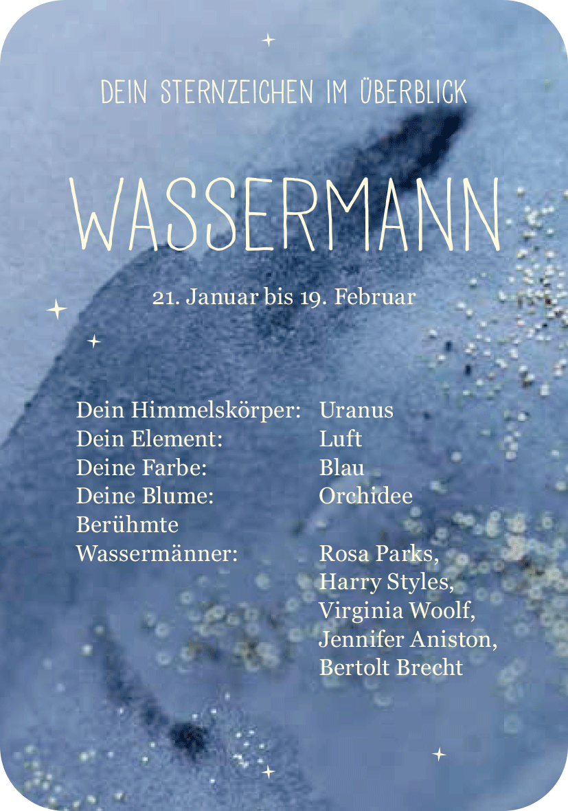 Gezeigt wird eine Innen- oder Zusatzansicht von „Achtsamkeit für den Wassermann“. Die Darstellung umfasst einen sanften blauen Hintergrund, der an Wasser erinnert, sowie goldene Akzente, die wie Glitzer wirken. Oben ist die Überschrift „WASSERMANN“ in einer eleganten, geschwungenen Schriftart platziert. Unterhalb folgen Informationen zu Elementen, Farben und berühmten Persönlichkeiten, übersichtlich und gut strukturiert in klarer, gut lesbarer Schrift.