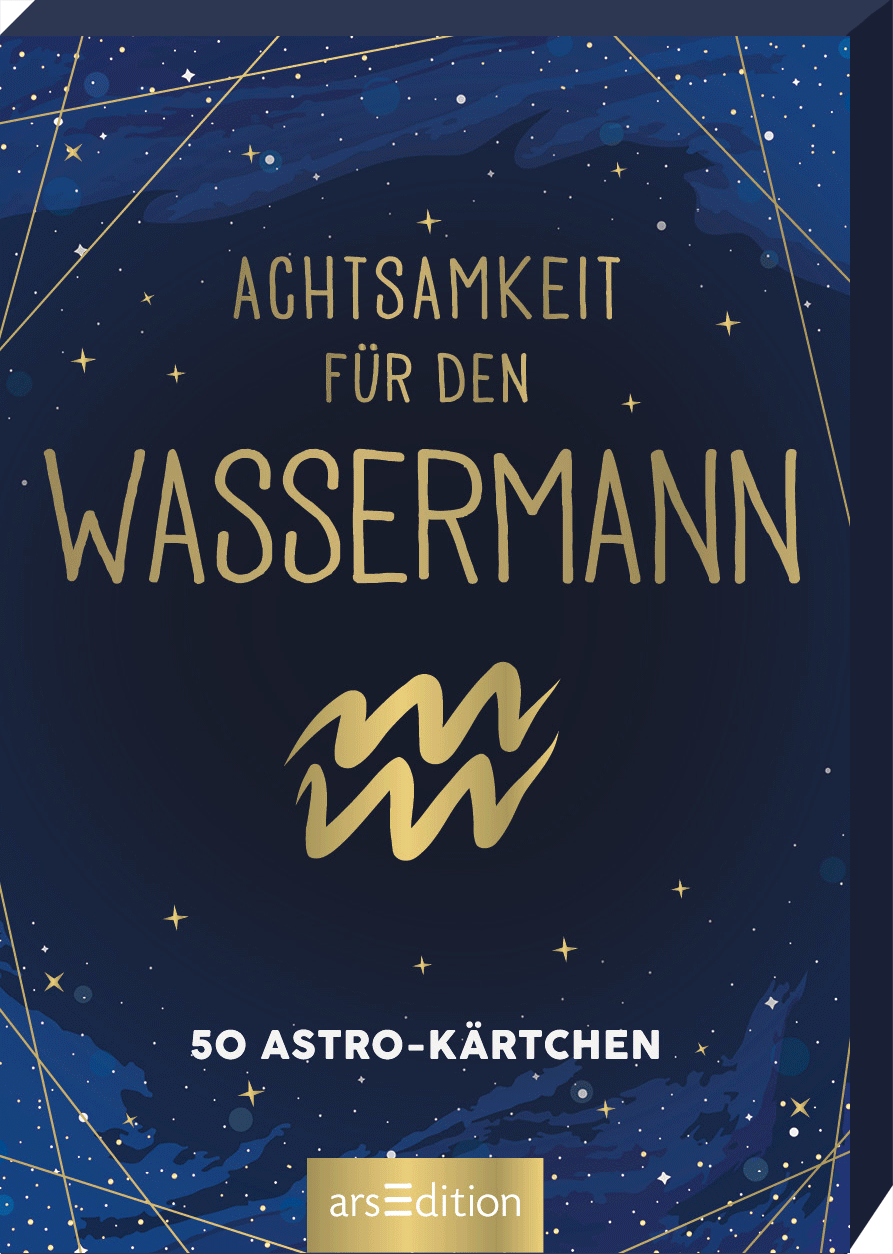 Auf einem tiefblauen Hintergrund mit funkelnden, goldenen Sternen steht der Schriftzug „ACHTSAMKEIT FÜR DEN WASSERMANN“ in goldener, moderner Typografie. Direkt darunter befindet sich der Zusatz „50 ASTRO-KÄRTCHEN“ in kleinerer Schrift. Das Cover vermittelt eine mystische und entspannende Atmosphäre, die zur Achtsamkeit anregt. Ganz unten mittig steht der Logoschriftzug von arsEdition.