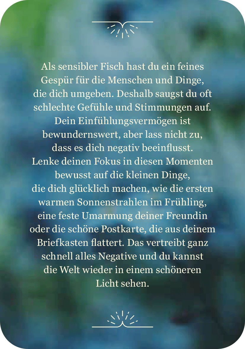 Gezeigt wird eine Innen- oder Zusatzansicht von „Achtsamkeit für die Fische“. Der Hintergrund ist in sanften Blau- und Grüntönen gehalten, was ein beruhigendes, aquatisches Gefühl vermittelt. Der Text ist in einer eleganten, gut lesbaren Schriftart gestaltet und befindet sich mittig auf einem leicht transparenten, weißen Feld. Die Schriftfarbe ist dunkel, was einen starken Kontrast zum Hintergrund bietet. Über dem Text ist ein kleines, dekoratives Element, das die Atmosphäre...