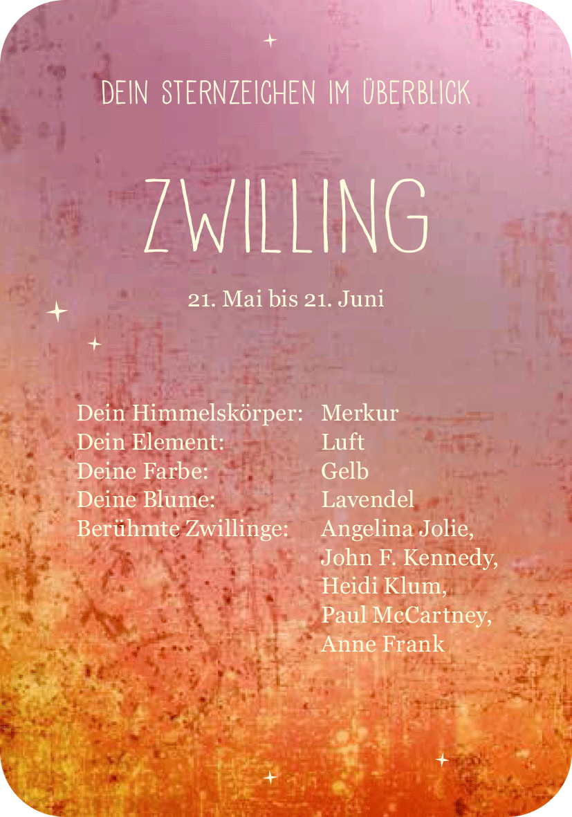 Gezeigt wird eine Innen- oder Zusatzansicht von „Achtsamkeit für die Zwillinge“. Die Gestaltung zeigt einen sanften Farbverlauf von Orange zu Rosa mit weißen Akzenten. Im oberen Bereich steht „ZWILLING“ in großer, eleganter Schrift. Darunter sind zentrale Informationen aufgelistet, darunter das Element „Luft“ und die Farbe „Gelb“. Ein Listenformat hebt berühmte Zwillinge hervor, während kleine Sterne die fröhliche Atmosphäre unterstreichen. Die Schrift ist modern und gut...