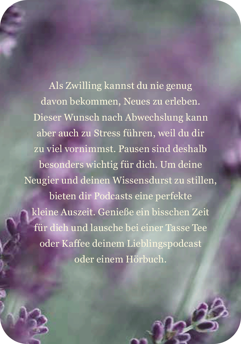 Gezeigt wird eine Innen- oder Zusatzansicht von „Achtsamkeit für die Zwillinge“. Der Hintergrund zeigt sanfte, unscharfe Lavendel- und Grüntöne, die eine beruhigende Atmosphäre schaffen. In großer, weißer Schrift ist der Text platziert, der dazu ermutigt, Pausen einzulegen und sich Zeit für sich selbst zu nehmen. Die elegant geschwungene Typografie unterstreicht die entspannende Botschaft und die Gestaltung sorgt für eine harmonische Lesbarkeit.