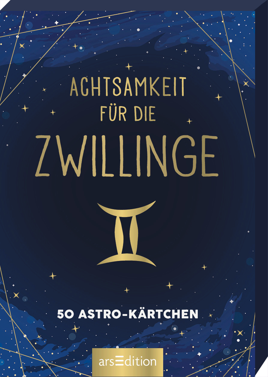 Das Buchcover zeigt einen tiefblauen Nachthimmel, durchzogen von goldenen Sternen und feinen, weißen Linien, die an Sternenkonstellationen erinnern. In der Mitte prangt der Titel „Achtsamkeit für die Zwillinge“ in eleganter, goldener Schrift, wobei das Wort „Zwillinge“ besonders hervorgehoben ist. Darunter befindet sich das Symbol der Zwillinge. Ganz unten mittig steht der Logoschriftzug von arsEdition.