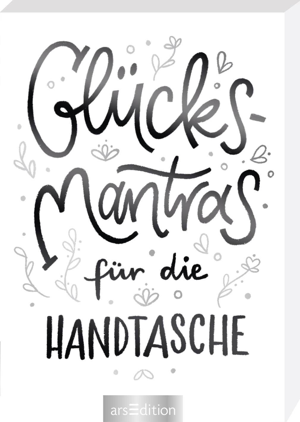 Das Buchcover zeigt den Titel „Glücks-Mantras für die Handtasche“ in verspielter, stylischer Schrift, wobei „Glücks-Mantras“ in einer geschwungenen, grauen Schriftart hervorsticht. Der Untertitel „für die Handtasche“ ist in einer klaren, schwarzen Schrift platziert. Um den Text herum sind zarte, florale Verzierungen in hellen Grautönen angedeutet, was eine fröhliche und inspirierende Atmosphäre schafft. Oben rechts ist ein SPIEGEL-Bestseller-Button zu sehen. Ganz unten mittig...