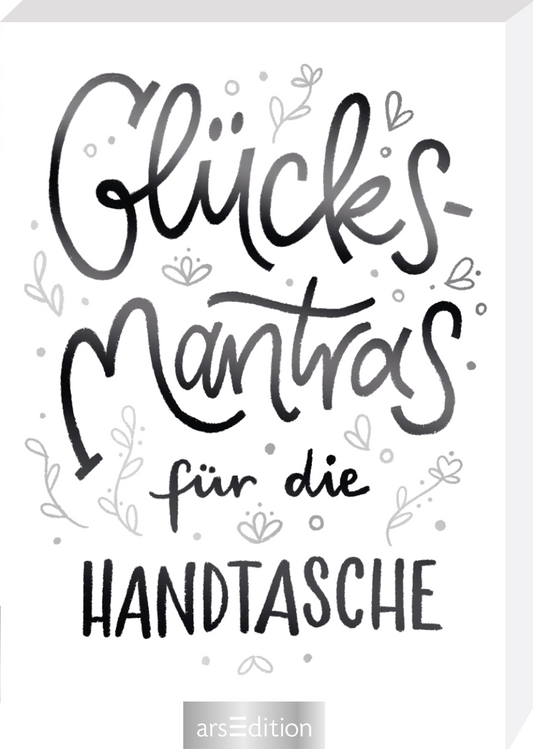 Das Buchcover zeigt den Titel „Glücks-Mantras für die Handtasche“ in verspielter, stylischer Schrift, wobei „Glücks-Mantras“ in einer geschwungenen, grauen Schriftart hervorsticht. Der Untertitel „für die Handtasche“ ist in einer klaren, schwarzen Schrift platziert. Um den Text herum sind zarte, florale Verzierungen in hellen Grautönen angedeutet, was eine fröhliche und inspirierende Atmosphäre schafft. Oben rechts ist ein SPIEGEL-Bestseller-Button zu sehen. Ganz unten mittig...